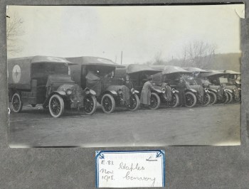 L0046456 World War One: motor ambulances with their women drivers at